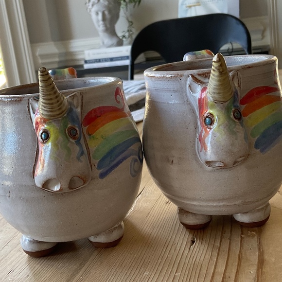 Mudworks Elwood the Rainbow Unicorn Mugs (2) Hand Thrown Pottery Footed USA Made - Picture 12 of 12